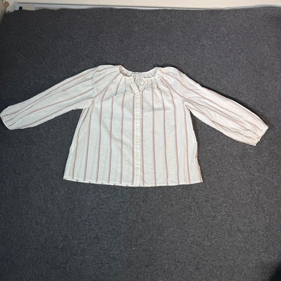 Madewell Tops - Madewell Smocked Button Front Striped Swiss Dot Top White Brown Blue Small